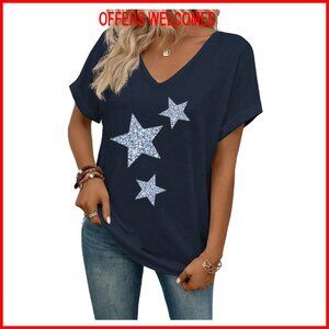 Women's V-Neck Dolman Sleeve Star Print Tee, Polyester Summer Top